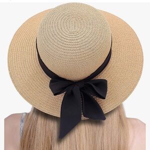 Elegant Tan Sun Hat with Black Bow